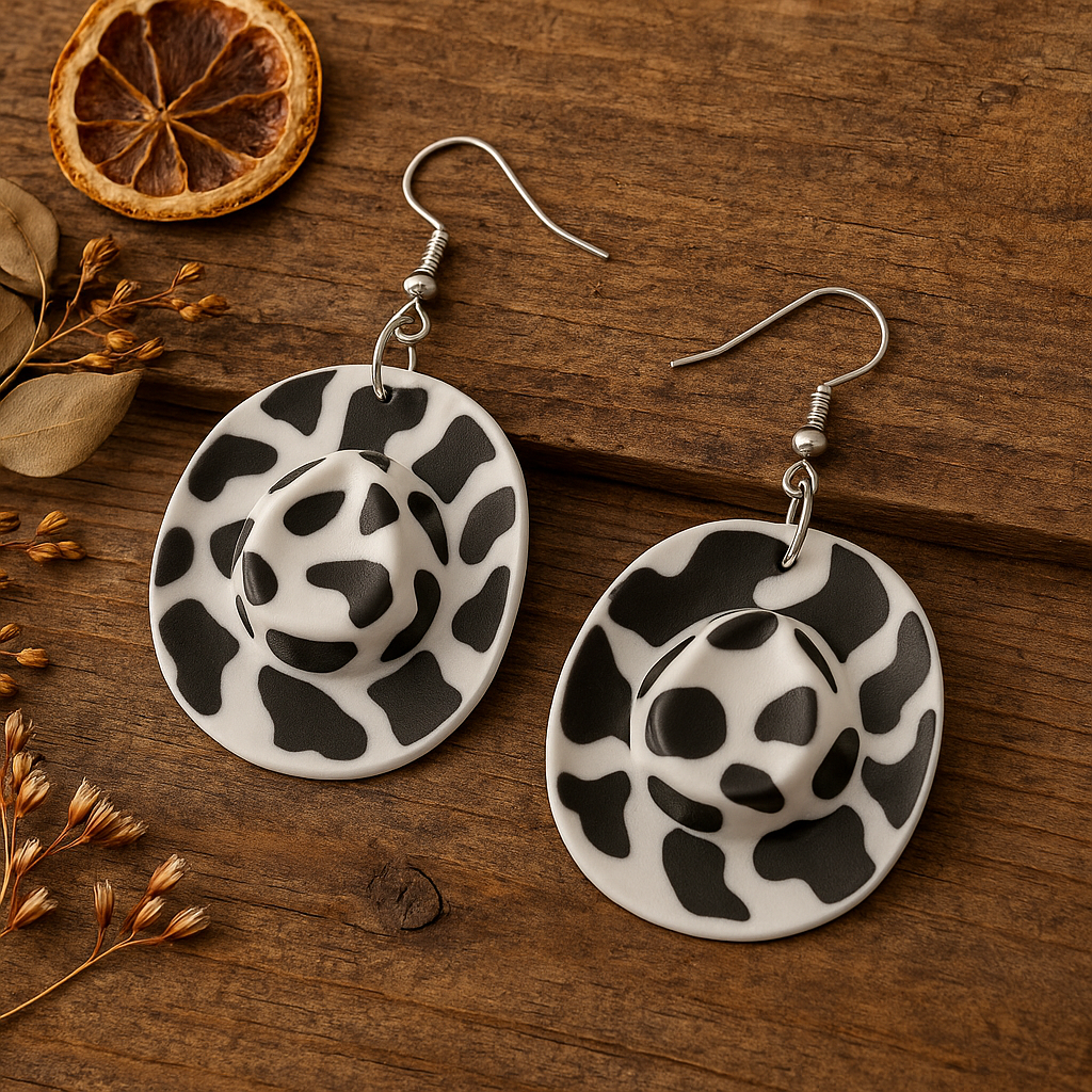 Cow Print Cowboy Hat Earrings