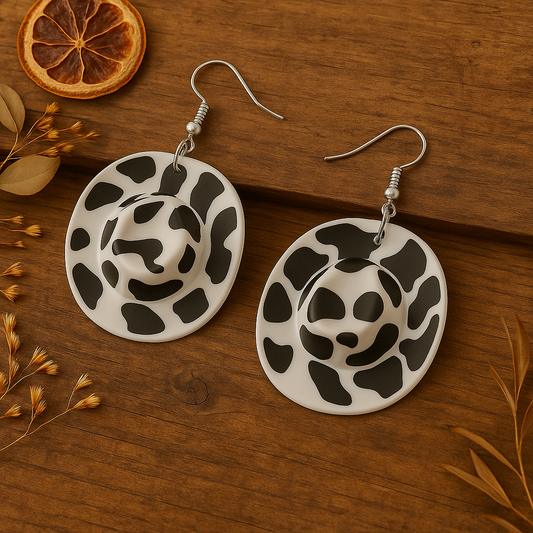 Cow Print Cowboy Hat Earrings